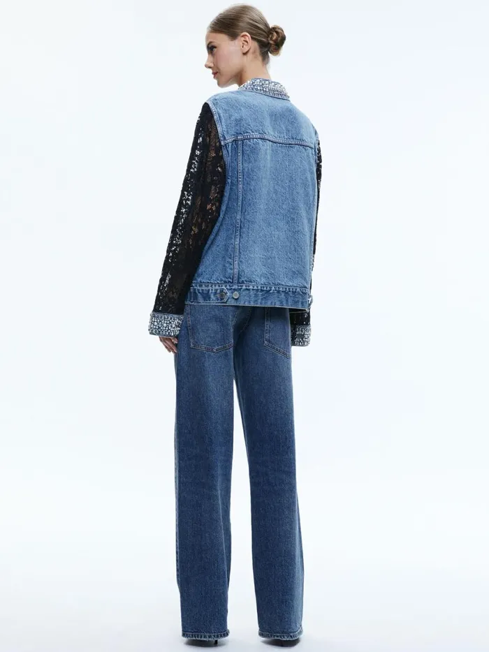 Womens Jackets Coats Alice Olivia Jeff Embellished Lace Sleeve Denim Jacket Indigo Nights