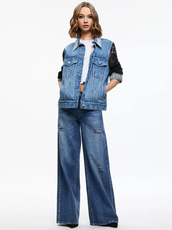 Womens Jackets Coats Alice Olivia Jeff Embellished Lace Sleeve Denim Jacket Indigo Nights