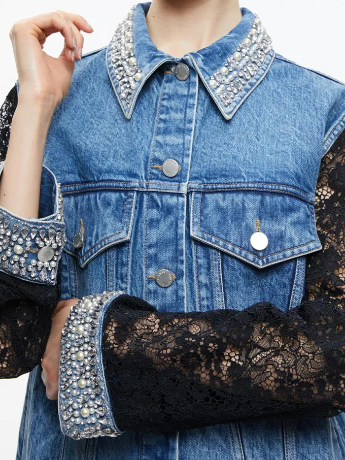 Womens Jackets Coats Alice Olivia Jeff Embellished Lace Sleeve Denim Jacket Indigo Nights