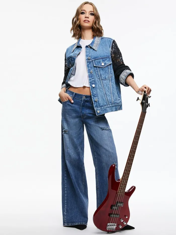 Womens Jackets Coats Alice Olivia Jeff Embellished Lace Sleeve Denim Jacket Indigo Nights