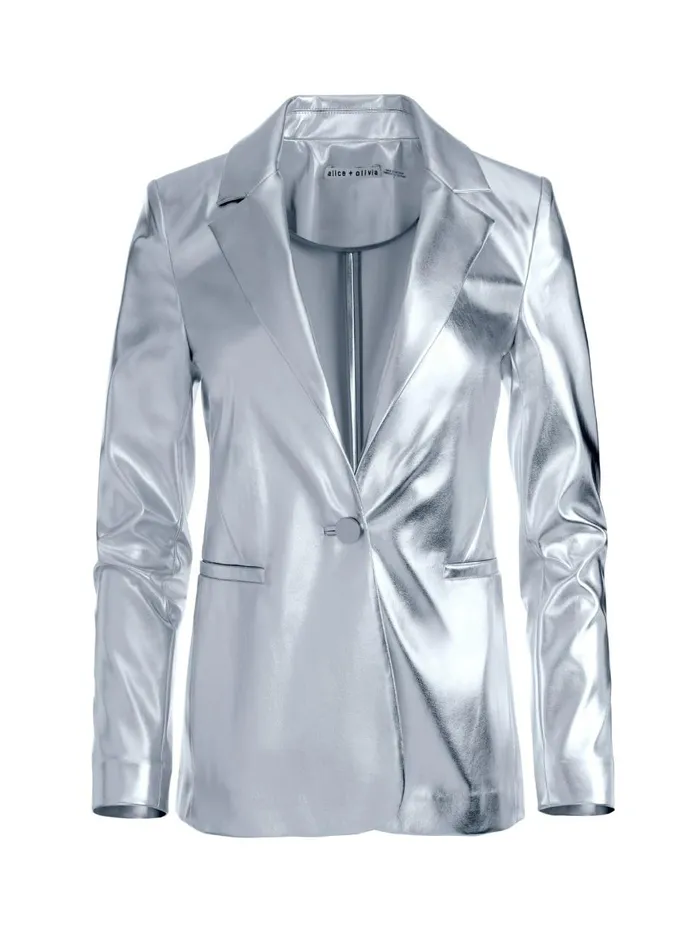 Womens Jackets Coats Alice Olivia Macey Metallic Vegan Leather Blazer Silver