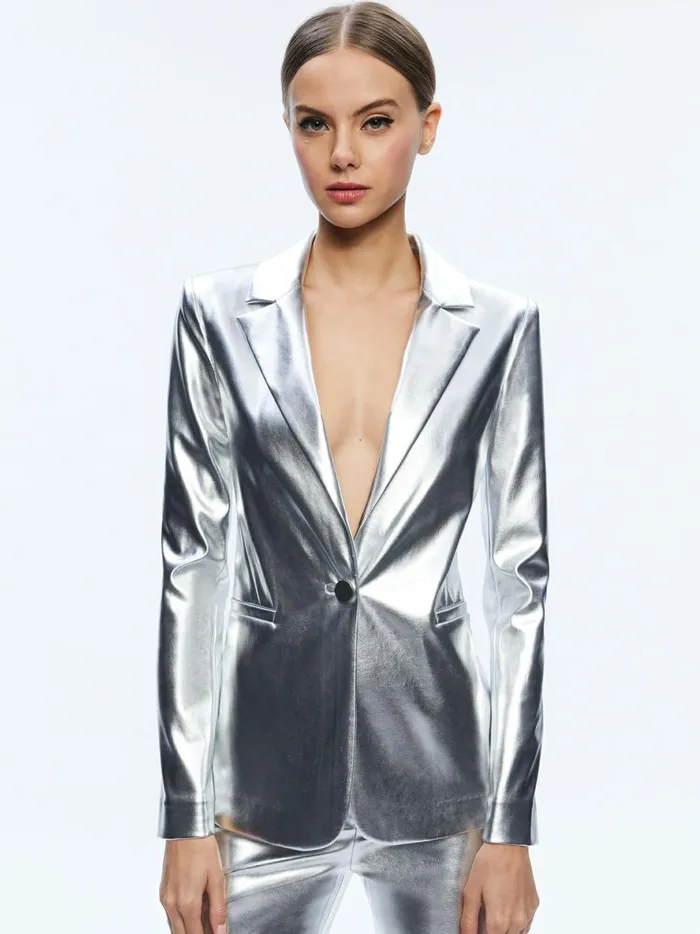 Womens Jackets Coats Alice Olivia Macey Metallic Vegan Leather Blazer Silver