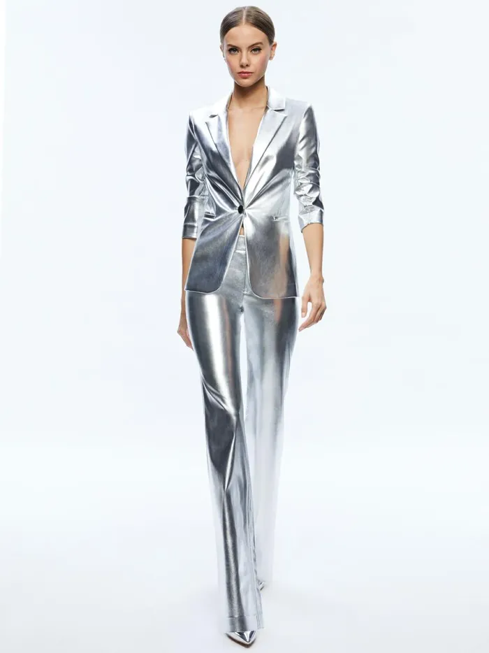 Womens Jackets Coats Alice Olivia Macey Metallic Vegan Leather Blazer Silver