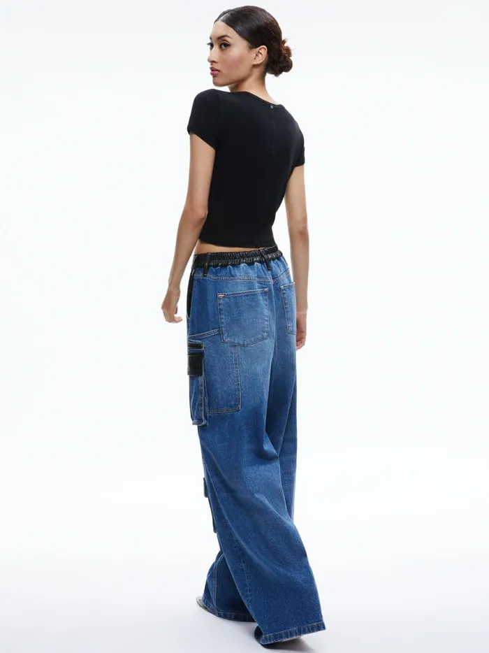 Womens Pants Alice Olivia Joette Combination Vegan Leather Cargo Jean Brooklyn Blue