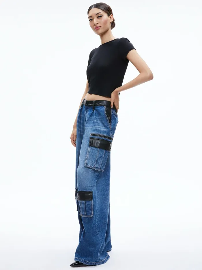 Womens Pants Alice Olivia Joette Combination Vegan Leather Cargo Jean Brooklyn Blue