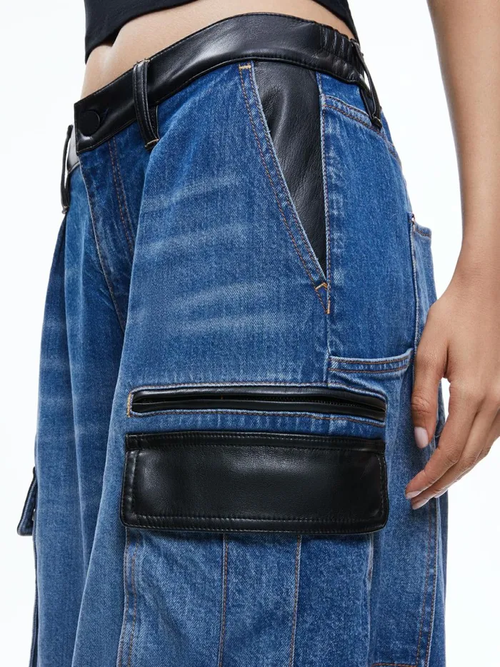 Womens Pants Alice Olivia Joette Combination Vegan Leather Cargo Jean Brooklyn Blue