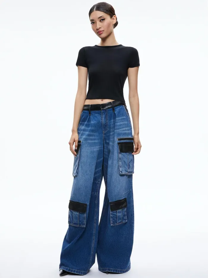 Womens Pants Alice Olivia Joette Combination Vegan Leather Cargo Jean Brooklyn Blue