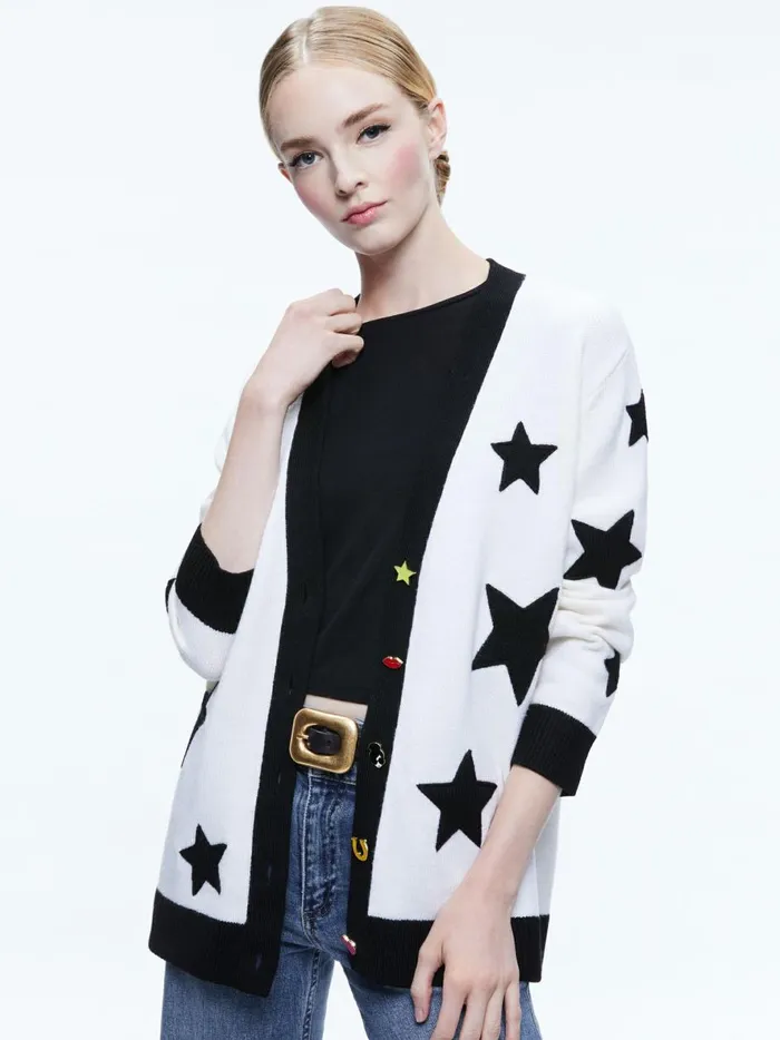 Womens Sweaters Alice Olivia Bradford Novelty Buttons Cardigan Soft Whiteblack