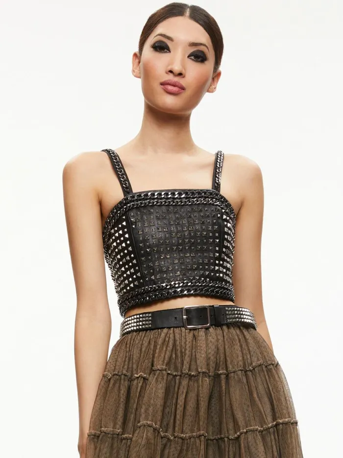 Womens Tops Alice Olivia Ceresi Chain Strap Studded Top Blackantique Nickle