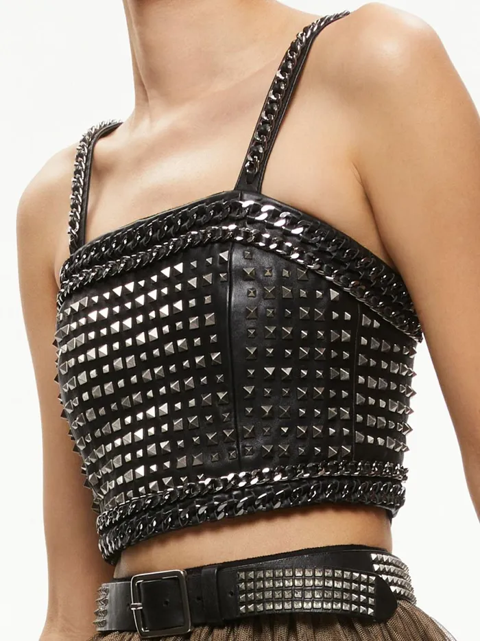 Womens Tops Alice Olivia Ceresi Chain Strap Studded Top Blackantique Nickle