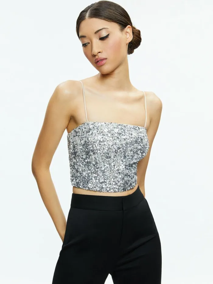 Womens Tops Alice Olivia Ceresi Sequin Bandeau Crop Top Champagnesilver