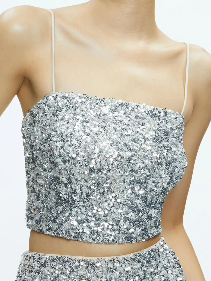 Womens Tops Alice Olivia Ceresi Sequin Bandeau Crop Top Champagnesilver