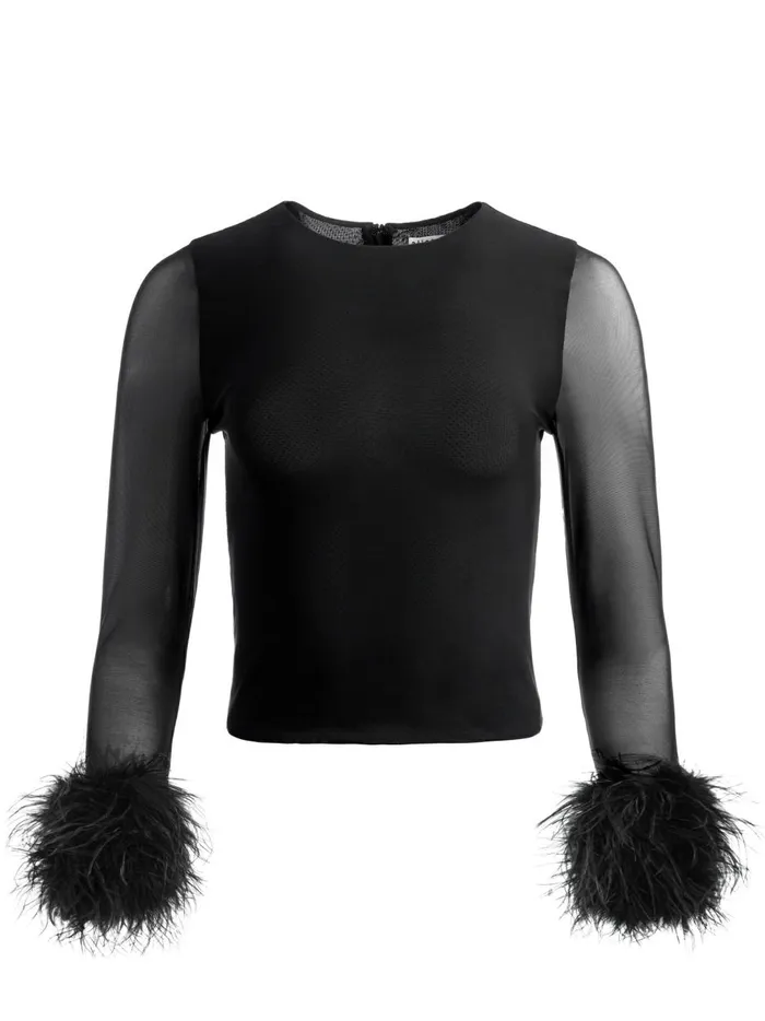 Womens Tops Alice Olivia Delaina Feather Cuff Sleeve Top Black