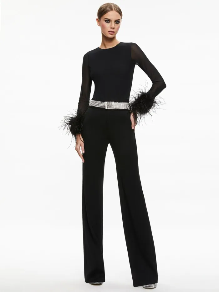 Womens Tops Alice Olivia Delaina Feather Cuff Sleeve Top Black