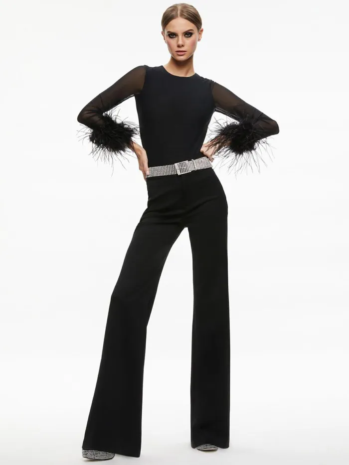 Womens Tops Alice Olivia Delaina Feather Cuff Sleeve Top Black