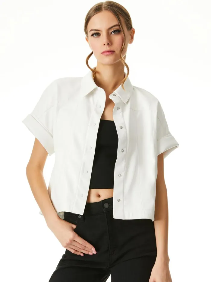 Womens Tops Alice Olivia Edyth Vegan Leather Button Down Off White