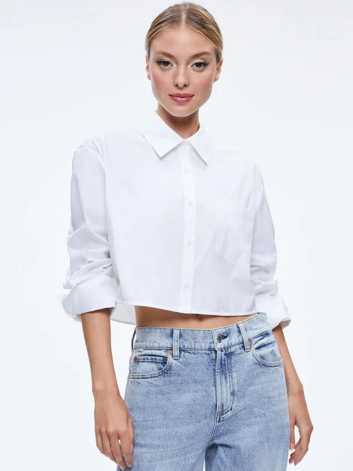 Womens Tops Alice Olivia Finely Cropped Oversized Button Down Shirt Off White