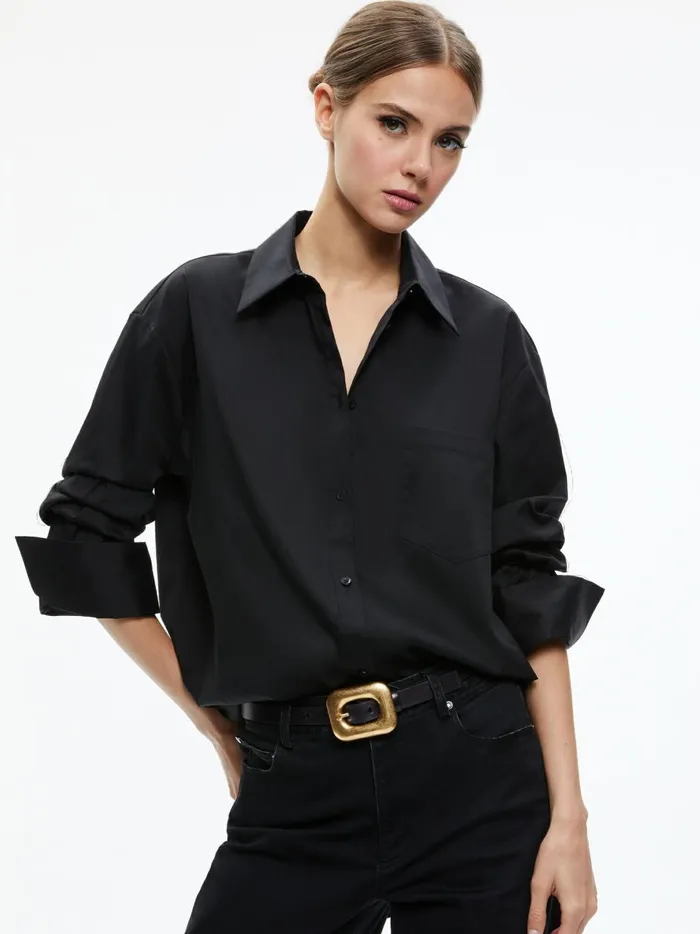 Womens Tops Alice Olivia Finely Oversized Button Down Shirt Black