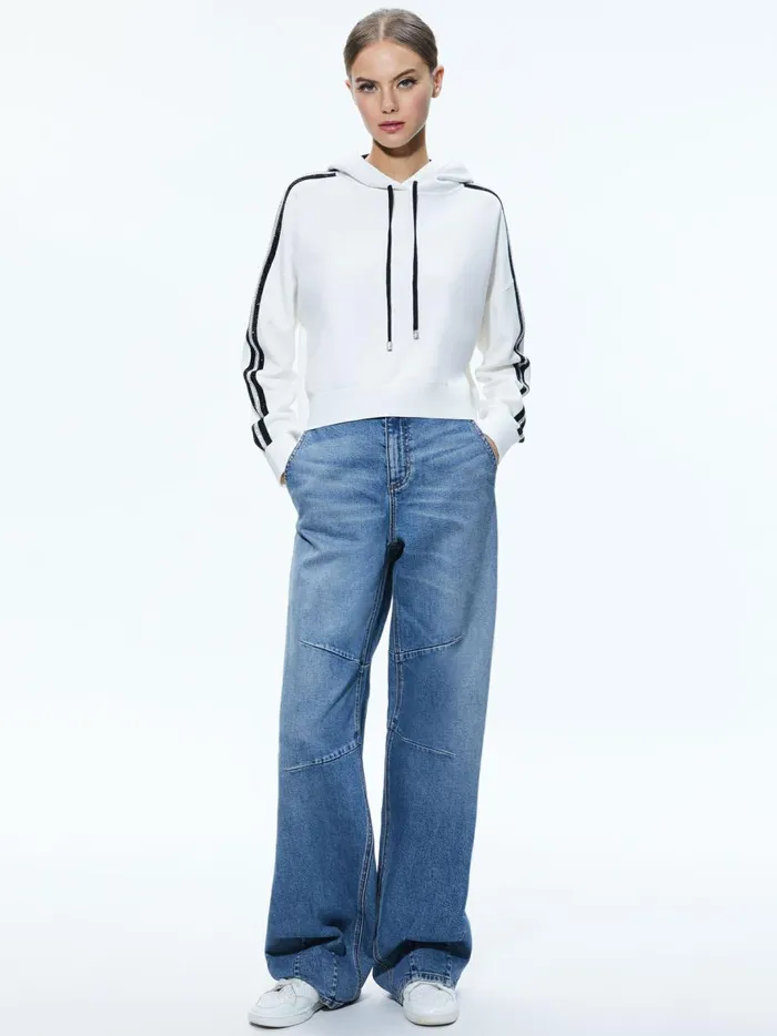 Womens Tops Alice Olivia Katerine Embellished Cropped Hoodie Soft Whiteblack