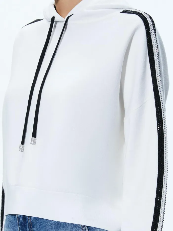 Womens Tops Alice Olivia Katerine Embellished Cropped Hoodie Soft Whiteblack