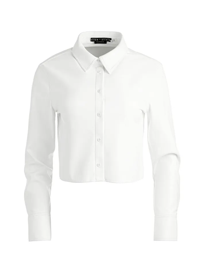 Womens Tops Alice Olivia Leon Cropped Vegan Leather Button Down Off White