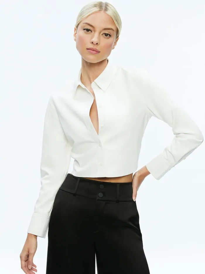 Womens Tops Alice Olivia Leon Cropped Vegan Leather Button Down Off White