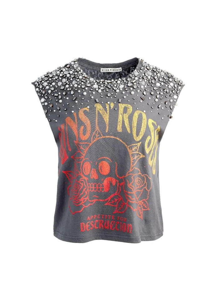 Womens Tops Alice Olivia Micah Embelllished Cropped Muscle Tank Guns N Roses