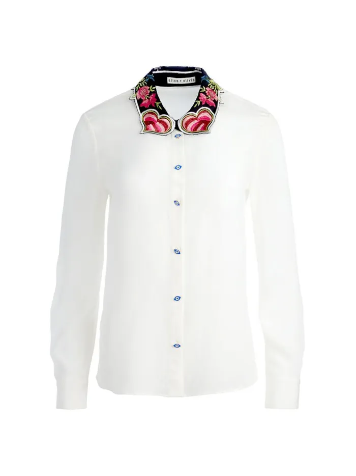 Womens Tops Alice Olivia Willa Embroidered Collar Placket Top Ecru