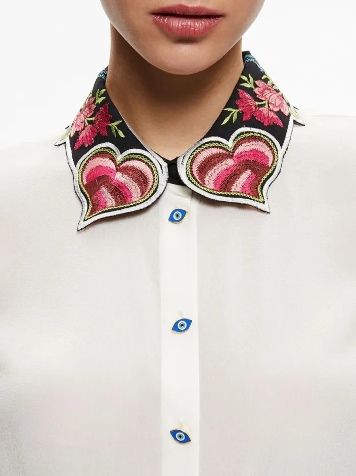Womens Tops Alice Olivia Willa Embroidered Collar Placket Top Ecru