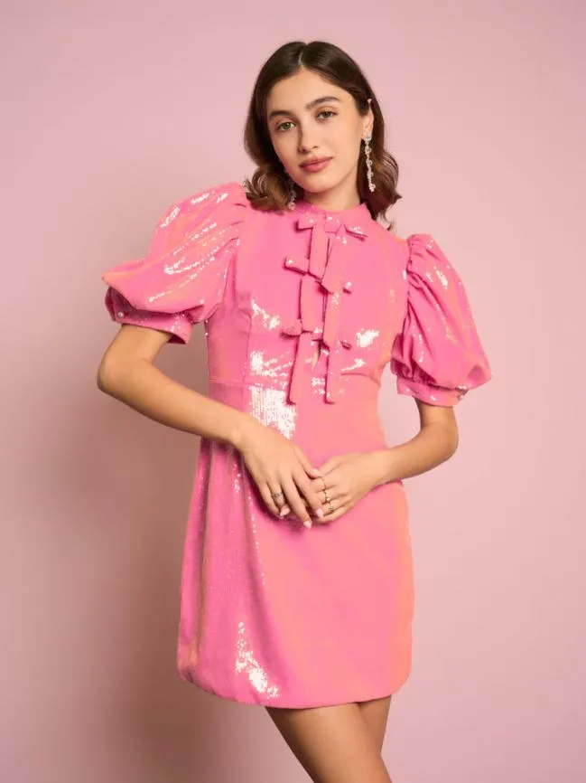 Womenswear Sunset Sequin Bow Dress Flamingo Pink Sister Jane