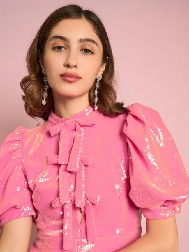 Womenswear Sunset Sequin Bow Dress Flamingo Pink Sister Jane Womenswear Sunset Sequin Bow Dress Flamingo Pink Sister Jane